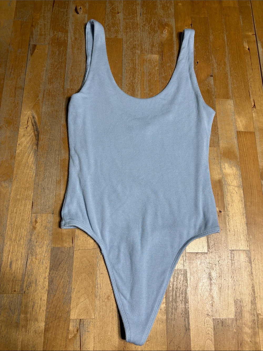 Babaton Light Blue Ribbed Scoop Neck Bodysuit